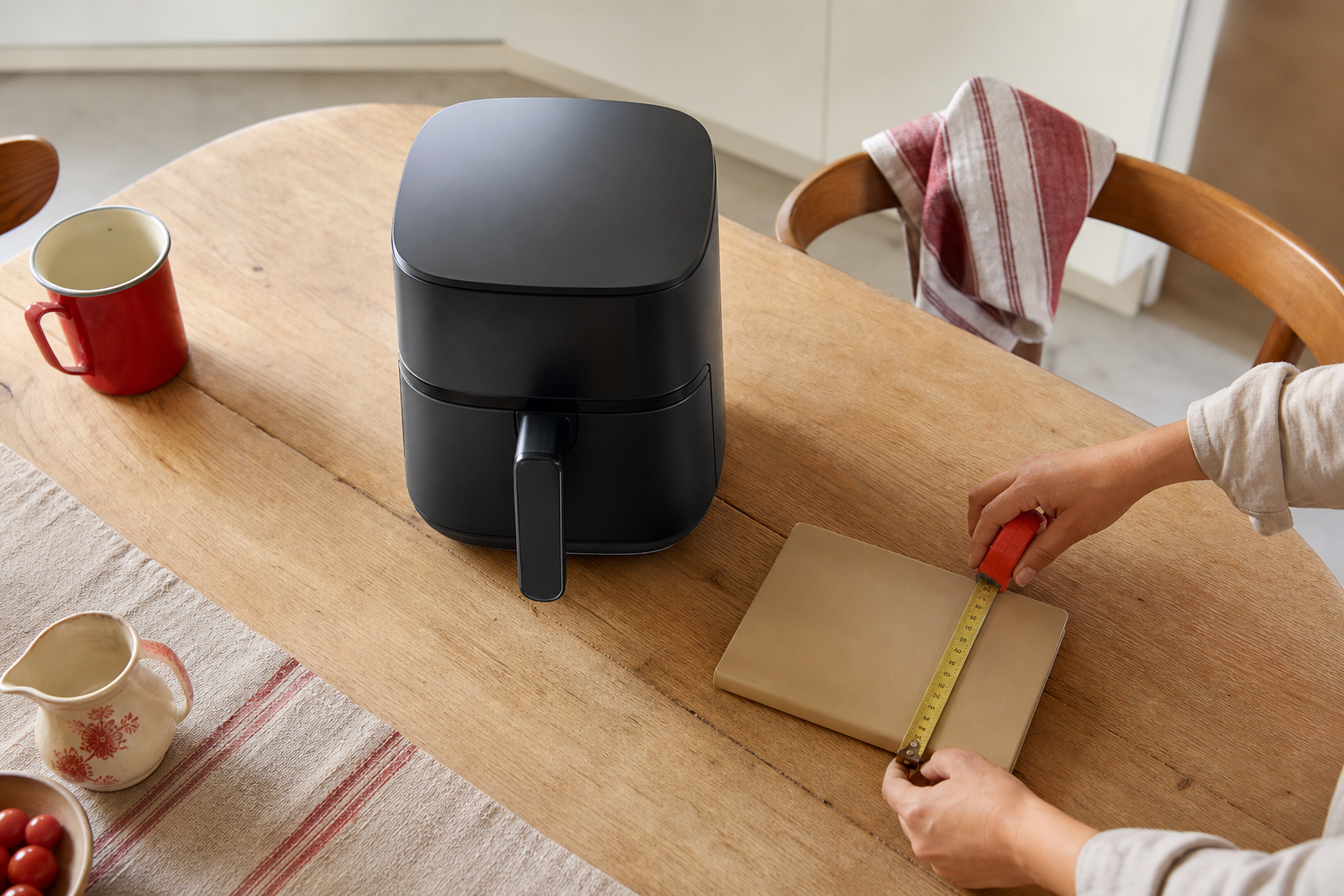 Handen meten een airfryer en notitieboek op een houten keukentafel