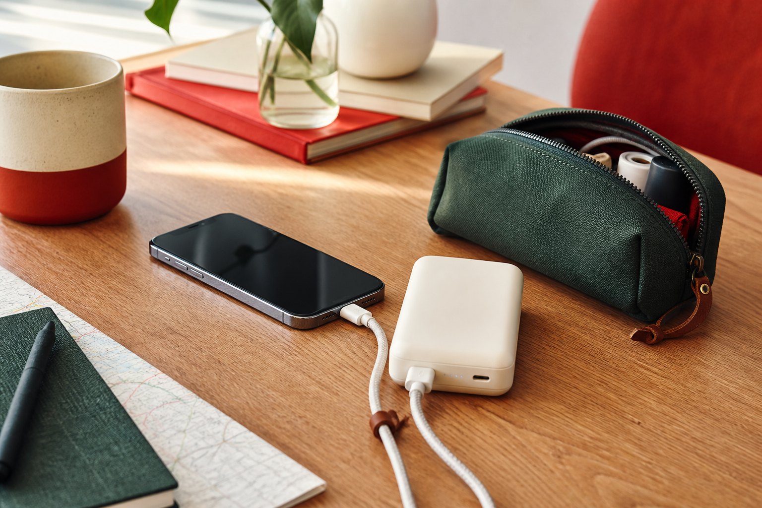 Powerbank naast smartphone, kabel en reisetui op een bureau